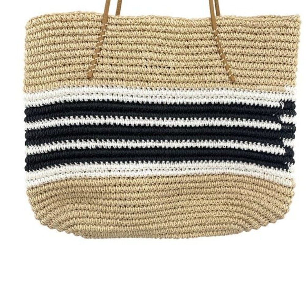 Aqua Trio Striped Straw Woven Tote Bag New - Picture 6 of 13